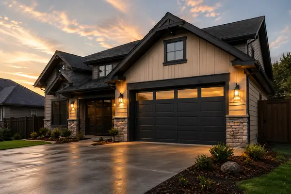 A craftsman-style home at dusk with a black two-car garage door and warm exterior lighting