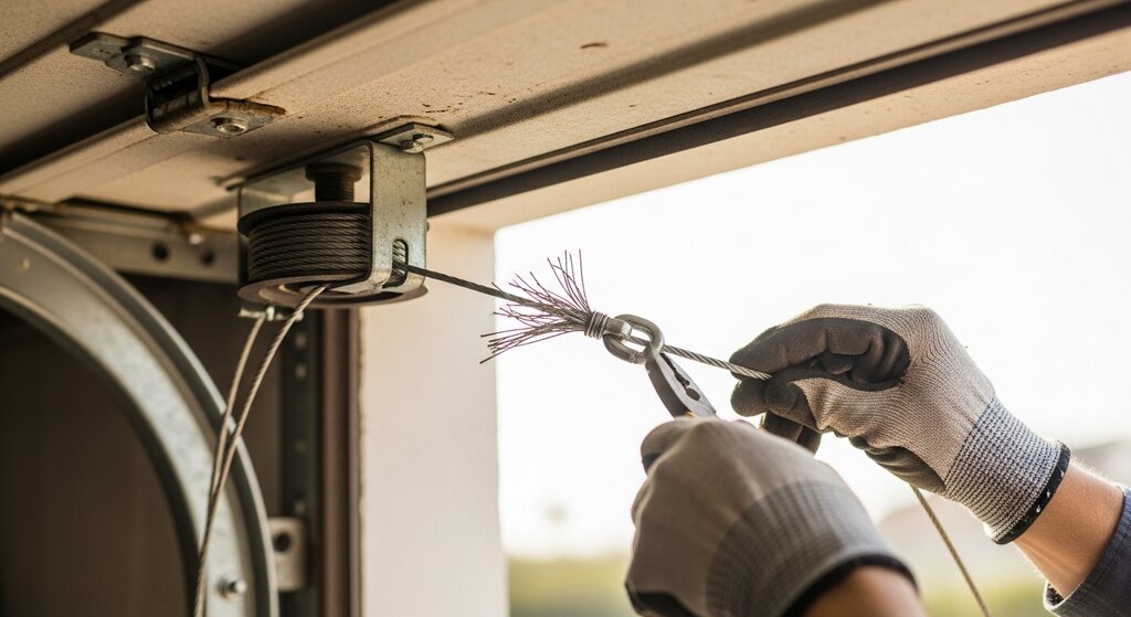 A technician in work gloves replacing a frayed garage door lift cable at the cable drum