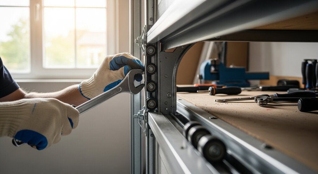 A technician aligning a bent garage door track with a wrench inside a residential garage