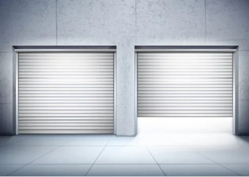A garage door partially open with a broken torsion spring visible above