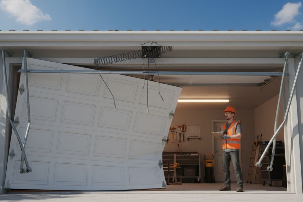 A technician assessing a damaged garage door during an emergency repair in Denver