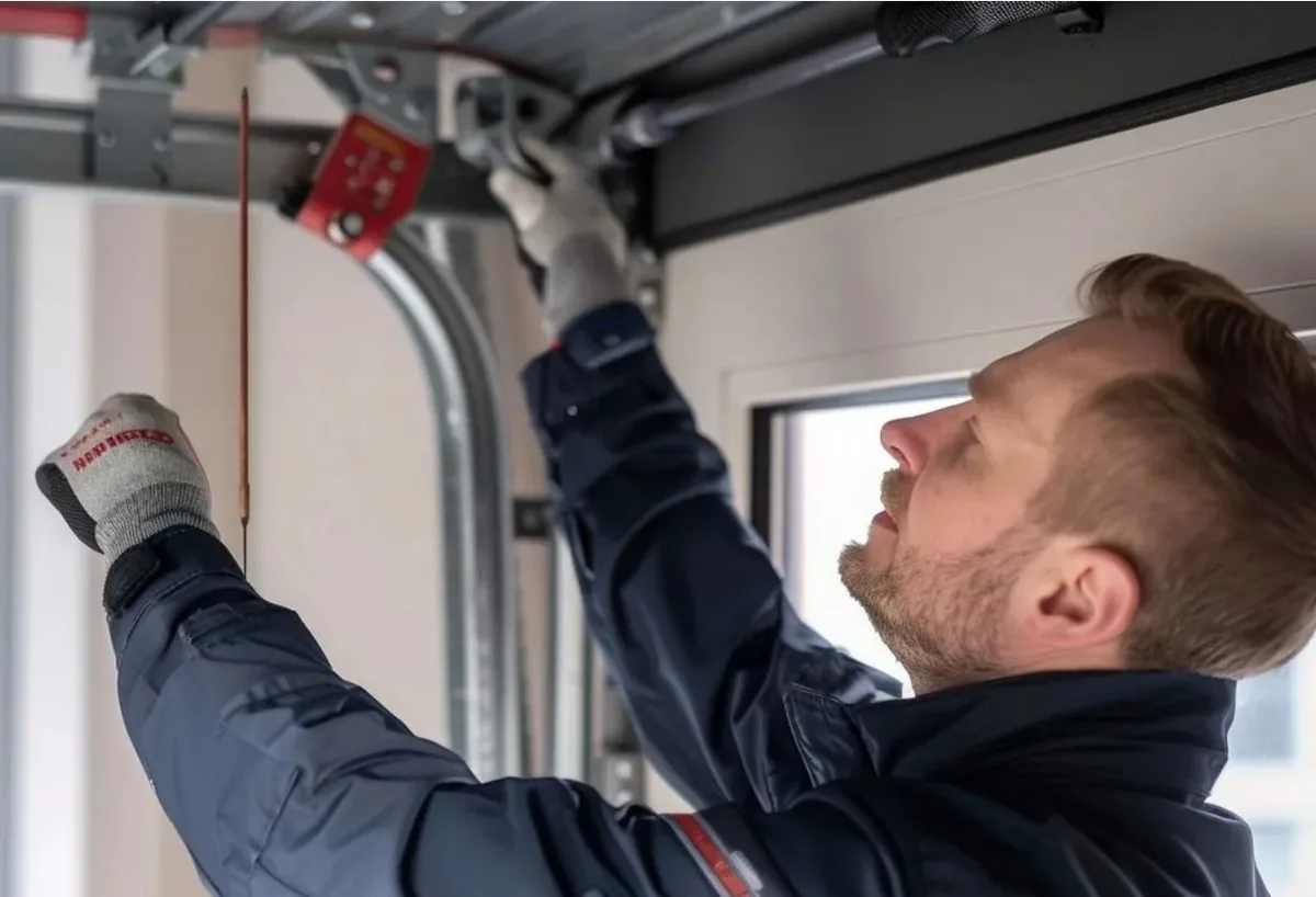 A technician checking a residential garage door during routine maintenance