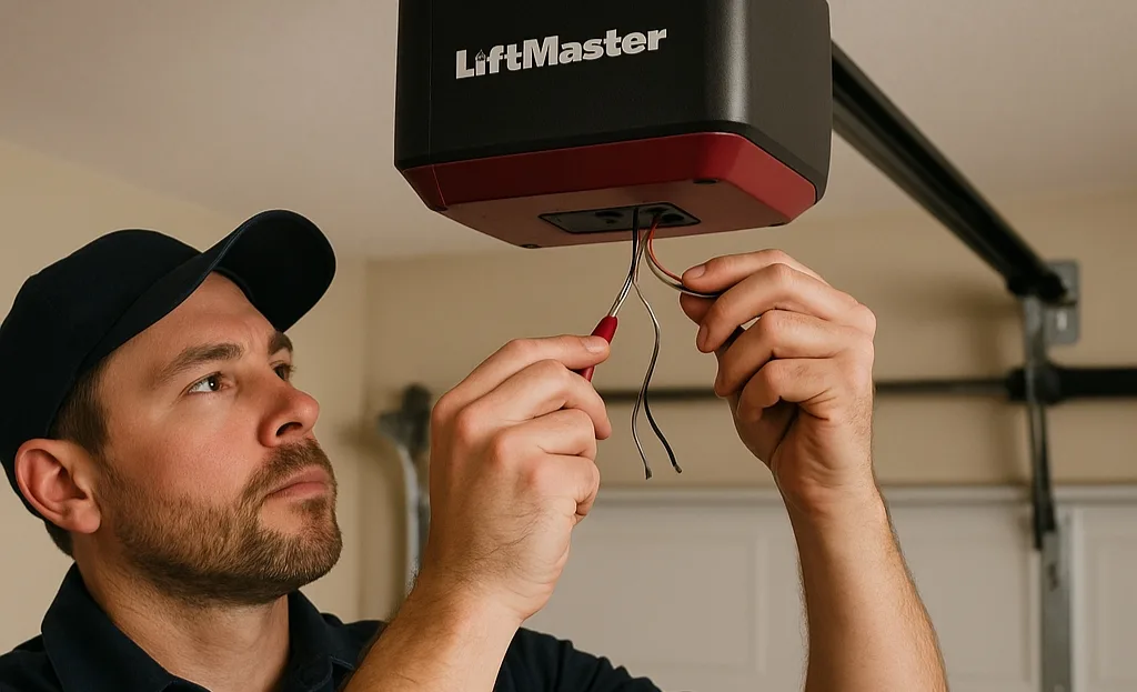A G Brothers technician servicing a LiftMaster garage door opener on a residential ceiling