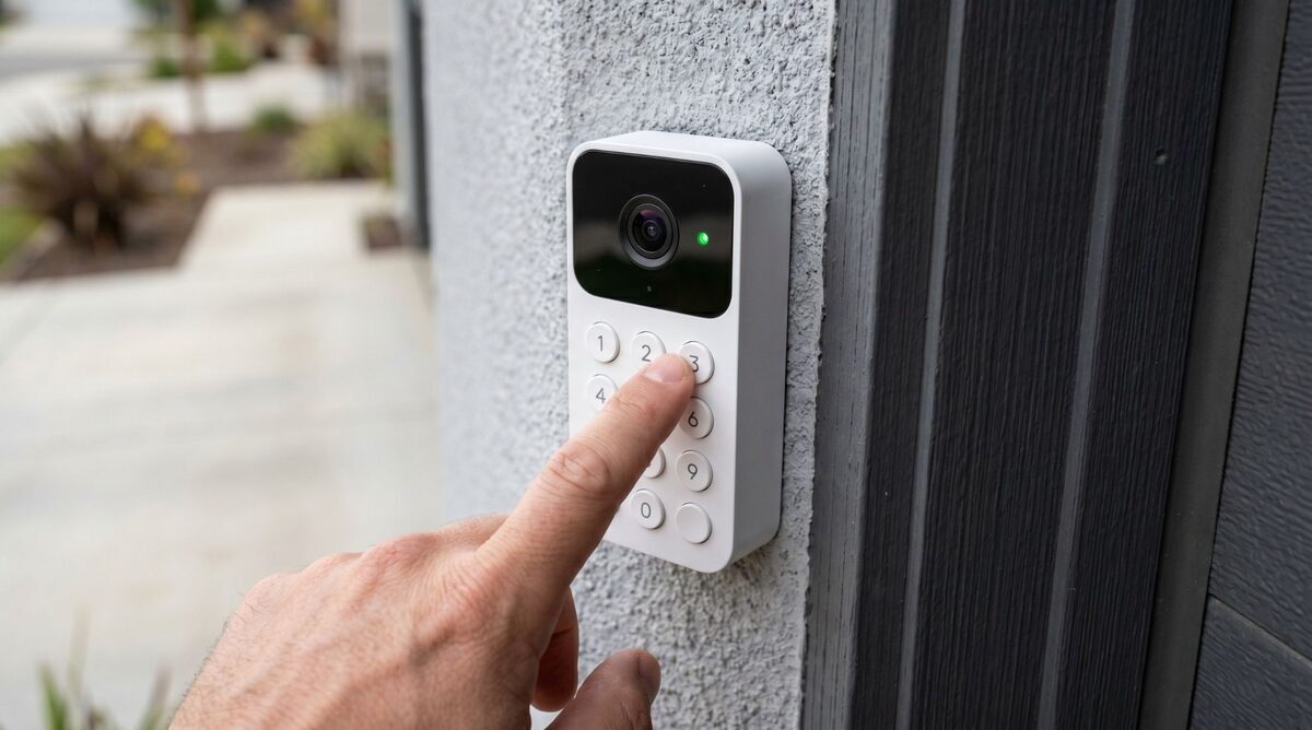 A homeowner pressing a wall-mounted garage door keypad beside the door
