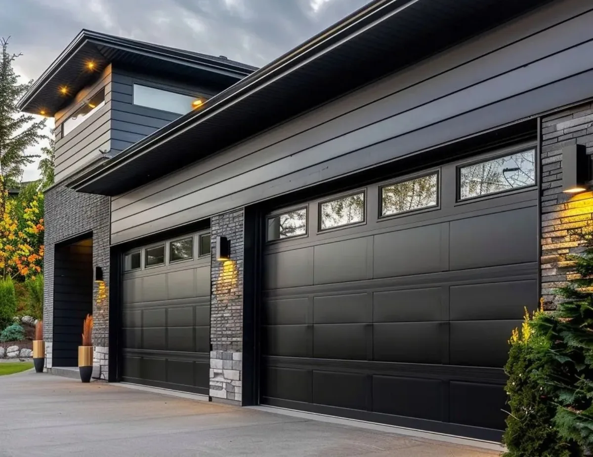A contemporary black garage door with a row of windows on a modern Lakewood, Colorado home
