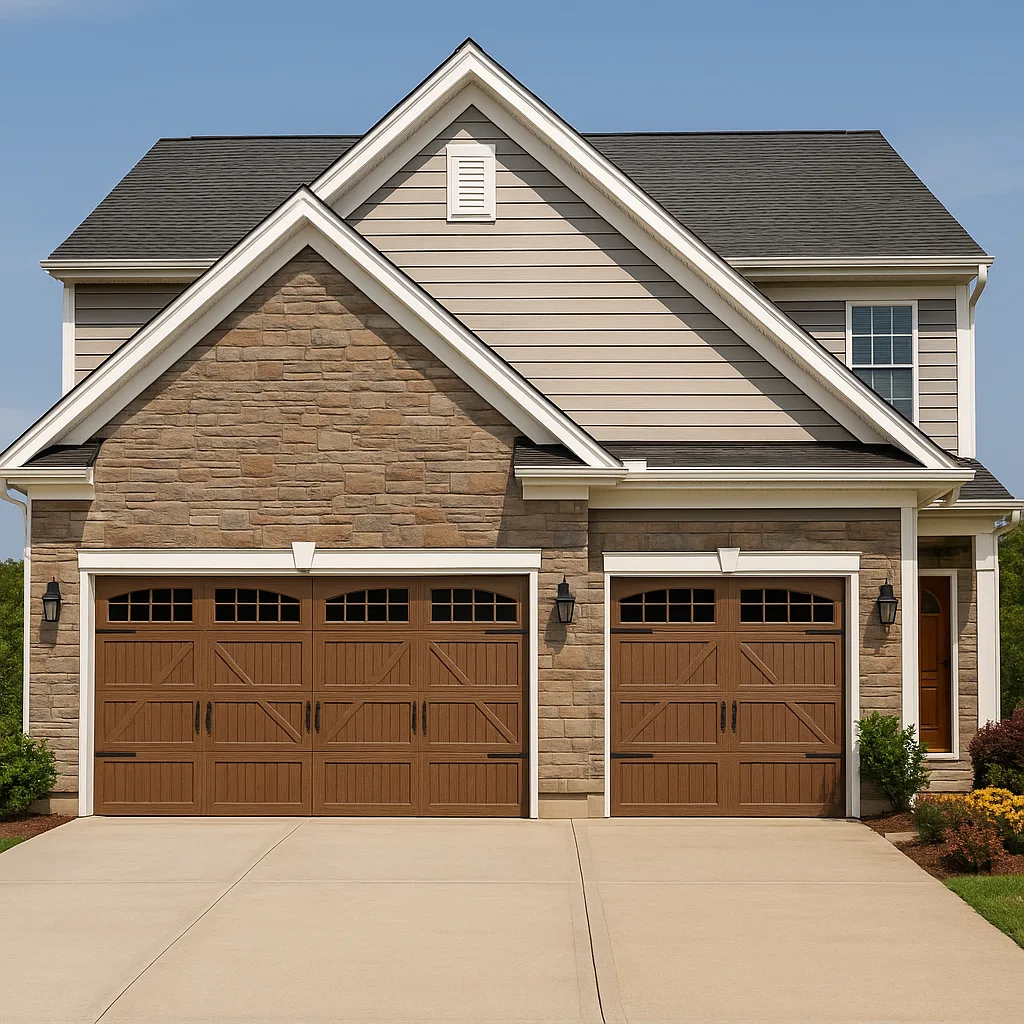 Carriage-house style wood garage doors with decorative window inserts on a stone-and-siding home