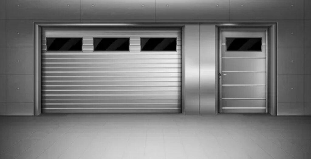 A torsion spring mounted on the bar above a residential garage door
