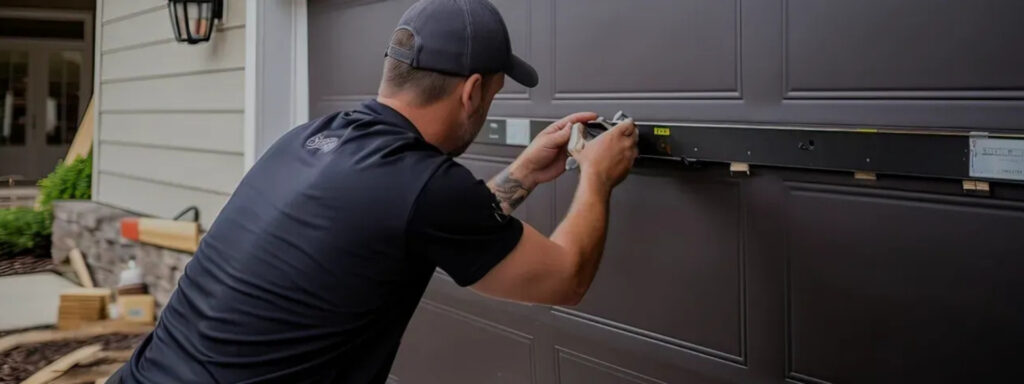 Homeowner inspecting a garage door torsion spring for signs of wear