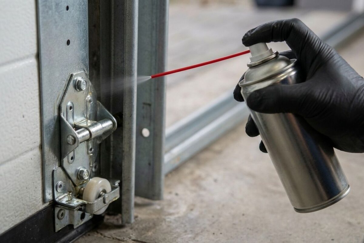 Applying lubricant to a garage door roller and hinge bracket