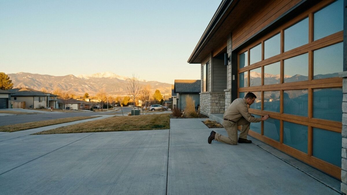 A technician working on an overhead garage door at a Colorado home